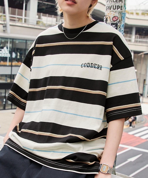MONO-MART / 【CODDERR】マルチボーダー ロゴ刺繍 ビッグシルエット半袖Tシャツ (63837011)