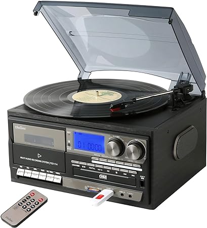 TOSHO TCD-114 (GR) Multi-functional Record Player, Compact (AM/FM Radio (Wide FM Compatible), Recording Function, Playback Function, USB/SD, CD Cassette Tape, Gray